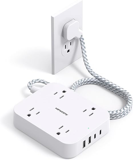 Flat Plug Extension Cord, 5ft Power Strip with 4 USB Ports