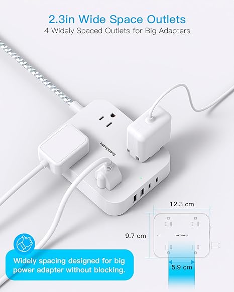 Flat Plug Extension Cord, 5ft Power Strip with 4 USB Ports